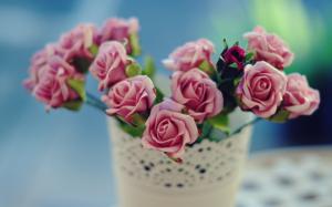 Pink rose, vase, flowers, blur background wallpaper thumb