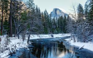 Yosemite National Park, California, USA, snow, forest, trees, mountains, river wallpaper thumb