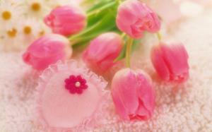 Romantic style, pink tulips, heart-shaped decorations wallpaper thumb