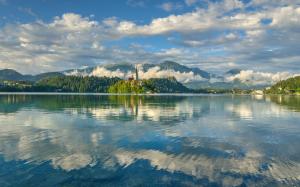 Slovenia, Lake Bled, water reflection, Julian Alps, church, trees, clouds wallpaper thumb