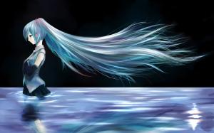 Blue hair anime girl standing in water wallpaper thumb