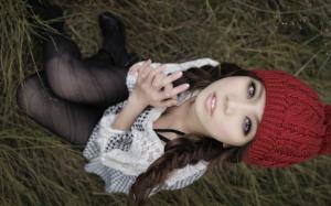 Girl, Woolen Hat, Sitting, Grass wallpaper thumb