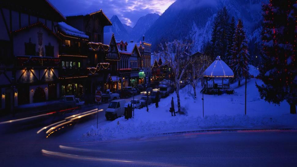 Mountain Town During Holidays At Night wallpaper,lights HD wallpaper,mountains HD wallpaper,town HD wallpaper,winter HD wallpaper,night HD wallpaper,nature & landscapes HD wallpaper,1920x1080 wallpaper
