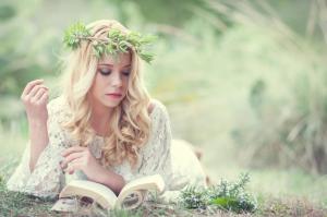 girl, grass, book, wreath, tenderness wallpaper thumb