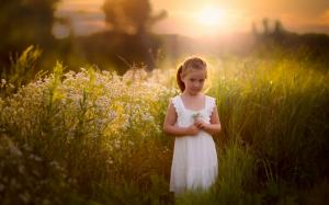 Cute white dress girl, summer, grass, field wallpaper thumb