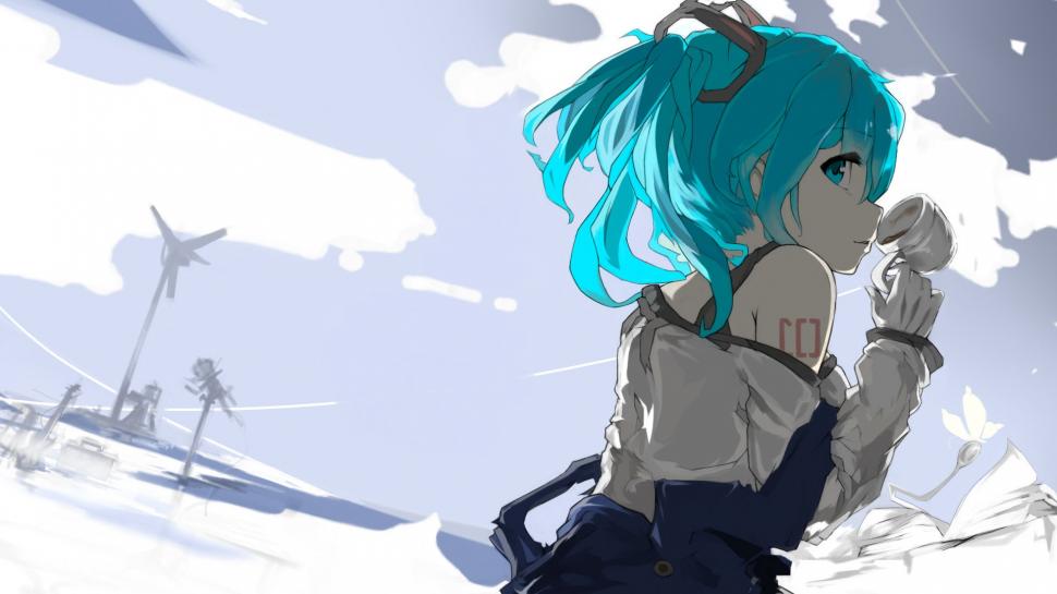 Hatsune Miku, Vocaloid, Cup, Twintails, Tattoo, Gloves, Blue Hair, Bangs, Looking At Viewer, Looking Back, Solo, Blue Eyes wallpaper,hatsune miku HD wallpaper,vocaloid HD wallpaper,cup HD wallpaper,twintails HD wallpaper,tattoo HD wallpaper,gloves HD wallpaper,blue hair HD wallpaper,bangs HD wallpaper,looking at viewer HD wallpaper,looking back HD wallpaper,1920x1080 wallpaper