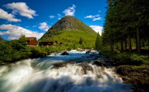 Valldal in Norway, waterfall, mountain cabins, trees wallpaper thumb