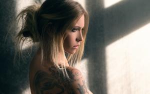 Blonde girl, tattoo, window wallpaper thumb