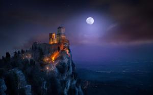 San Marino, fortress, tower, night, light, moon wallpaper thumb