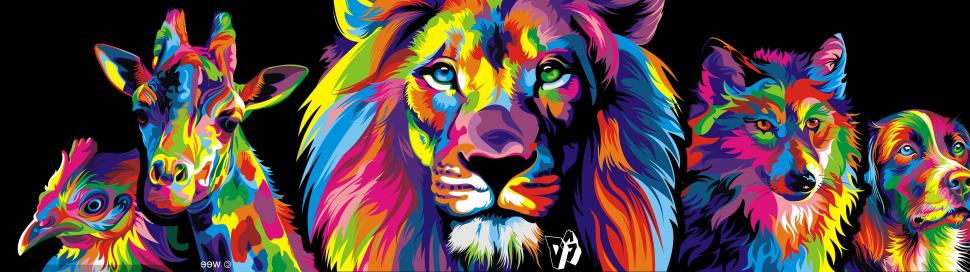 Multiple Display, Colorful, Lion, Wolf, Dog, Giraffes wallpaper,multiple display HD wallpaper,colorful HD wallpaper,lion HD wallpaper,wolf HD wallpaper,dog HD wallpaper,giraffes HD wallpaper,3840x1080 HD wallpaper,3840x1080 wallpaper