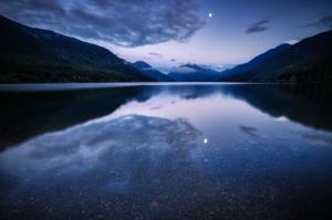 Mountain Lake Water Surface Night Blue Lilac Sky Clouds Moon Reflection Iphone wallpaper thumb