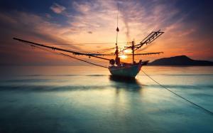 Ship at the calm sea, sunset, water reflection wallpaper thumb
