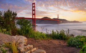 Golden Gate Bridge Bridge San Francisco Sunset Plant Ocean HD wallpaper thumb