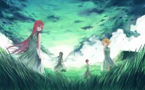 Hatsune Miku, anime, four girls, grass, clouds wallpaper thumb