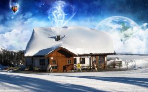 Hot air balloon and house in winter wallpaper thumb