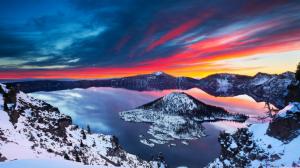 Crater Lake, beautiful winter, snow, sunrise, mountains, clouds wallpaper thumb