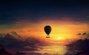 Hot air balloon, sunset, art painting wallpaper thumb