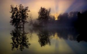 Morning sunrise, fog, trees, lake, water reflection wallpaper thumb