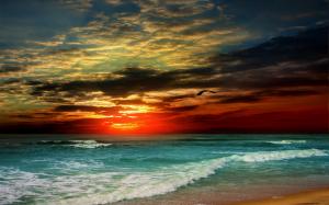 Sunset, beach, sea, waves, tropical, clouds, bird wallpaper thumb