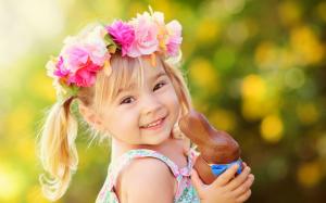 Kid, Girl, Smiling, Lovely, Flowers, Blonde, Toy, Bokeh, Photography wallpaper thumb
