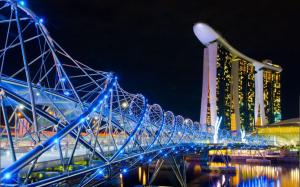 Singapore, city night, hotel, bridge, blue lights wallpaper thumb