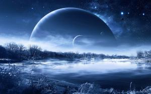 Winter snow lake trees, planets in the sky, creative design wallpaper thumb