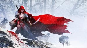 Red cloak girl warrior to kill a wolf wallpaper thumb
