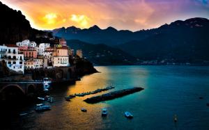 Tyrrhenian Sea, Amalfi, Italy, houses, sea, mountains, sunset, dusk wallpaper thumb