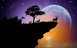 Silhouette, deer, planet, sky, stars, trees, rock, sunset, creative wallpaper thumb