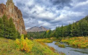 Mountains, trees, grass, river, bushes, clouds, autumn wallpaper thumb