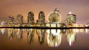 Reflection Buildings Night Lights Vancouver HD wallpaper thumb