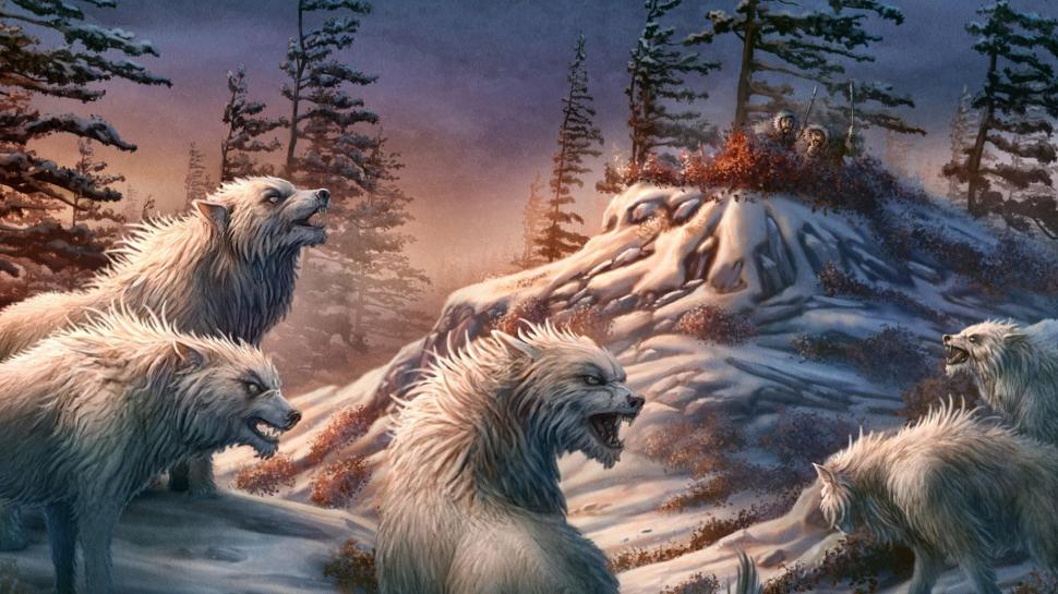 Eskimos hiding from the white wolves wallpaper,fantasy HD wallpaper,1920x1080 HD wallpaper,snow HD wallpaper,winter HD wallpaper,forest HD wallpaper,mountain HD wallpaper,wolf HD wallpaper,eskimo HD wallpaper,1920x1080 wallpaper