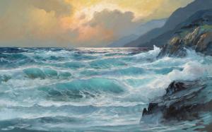 sea, waves, painting, art, storm, rock wallpaper thumb