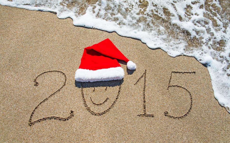 Happy 2015 santa hat on beach wallpaper,Happy HD wallpaper,New Year HD wallpaper,beach HD wallpaper,sand HD wallpaper,Sea HD wallpaper,2015 HD wallpaper,santa hat HD wallpaper,2880x1800 wallpaper