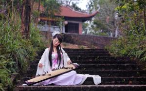 Beautiful asian music girl, white skirt wallpaper thumb