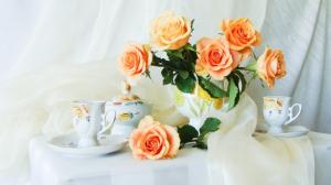 Still Life on the desktop, orange roses, cups, vase wallpaper thumb
