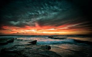 Beautiful sunset sea sky, stones, waves, dusk wallpaper thumb