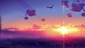 Sunrise, City, Clouds, Birds, Flying, Buildings, Anime wallpaper thumb