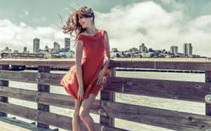 Smile girl, red dress, wind wallpaper thumb