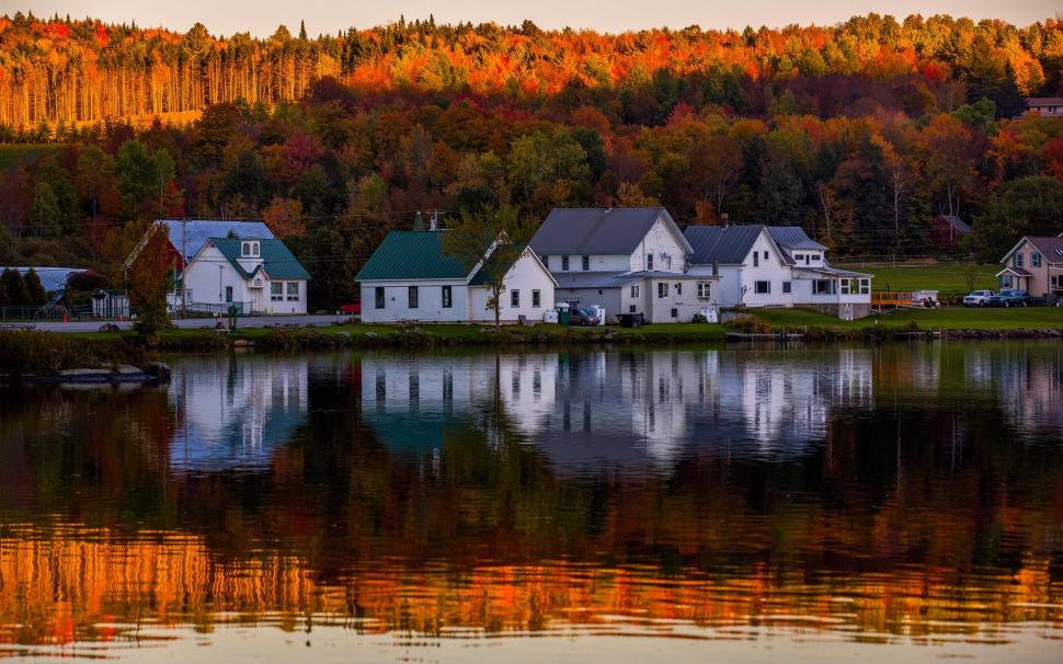 Lake, forest, autumn, houses, water reflection wallpaper,Lake HD wallpaper,Forest HD wallpaper,Autumn HD wallpaper,Houses HD wallpaper,Water HD wallpaper,Reflection HD wallpaper,1920x1200 wallpaper