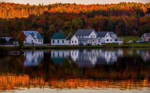 Lake, forest, autumn, houses, water reflection wallpaper thumb