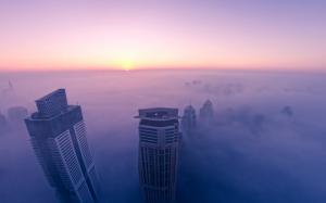 Buildings Skyscrapers Fog Mist Sunset HD wallpaper thumb