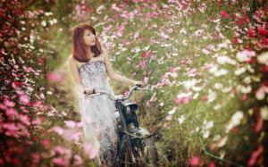 Asian girl, bike, flowers wallpaper thumb