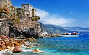 Italy, Monterosso al Mare, Cinque Terre, rocks, castle, boat, sea, beach wallpaper thumb