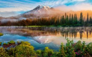 Washington, Cascade Mountains, morning, forest, lake, mist, sunrise wallpaper thumb
