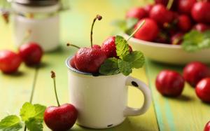 Fresh fruits, red cherries, mug, leaves wallpaper thumb