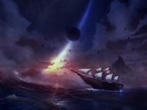 Fantasy Art Ship Ocean Sky Stars Sunset For Desktop wallpaper thumb
