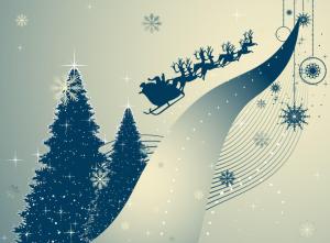 christmas trees, snowflakes, reindeer, sleigh, santa claus, flying, christmas wallpaper thumb