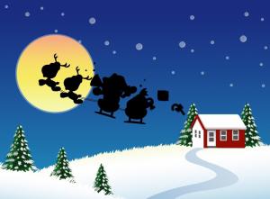 santa claus, christmas, sleigh, flying, moon, house, tree wallpaper thumb