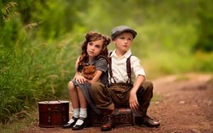 Cute child, girl, boy, dog, suitcases, waiting wallpaper thumb